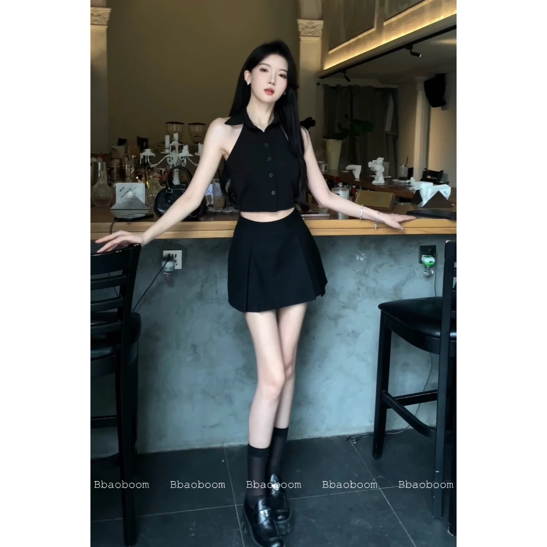 现货暴暴家  修身无袖吊带衬衫上衣 高腰A字裙百褶裙 B0672