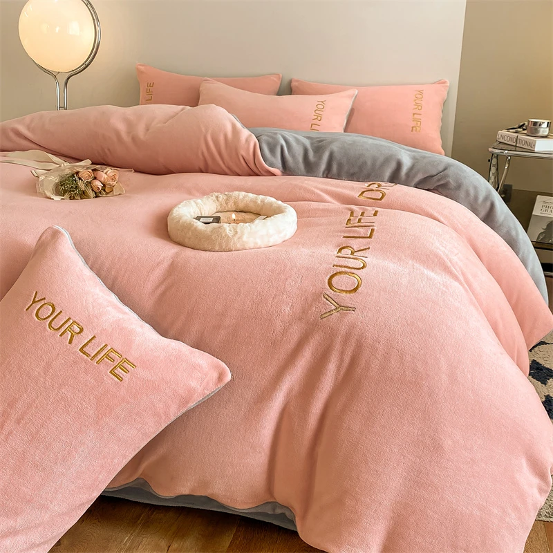 牛奶绒刺绣四件套冬天用加绒被套加厚保暖法兰绒被罩双面绒三件套