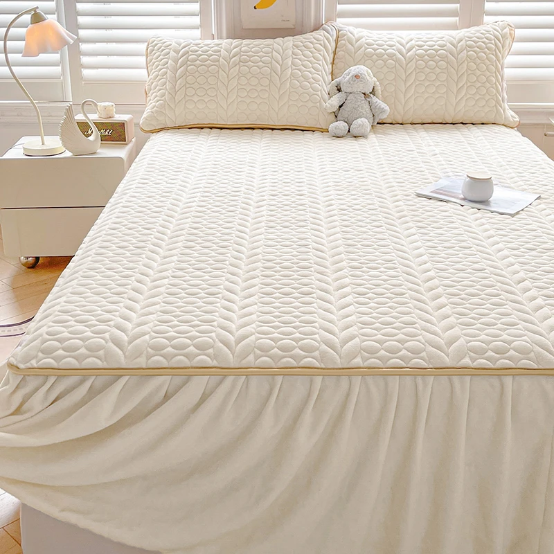 冬季牛奶绒床裙三件套加厚加绒床笠罩带床裙1.8米x2米防滑床单罩