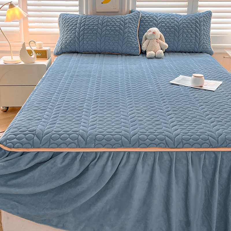 冬季牛奶绒床裙三件套加厚加绒床笠罩带床裙1.8米x2米防滑床单罩