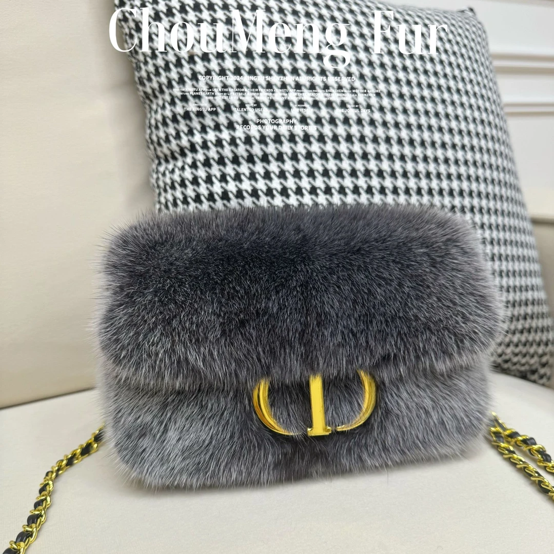 新款(CD)水貂毛皮草包包 真毛多色单肩斜挎手提女士包包多色可选