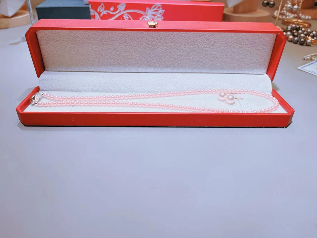 链子925银仿珍珠 粉色元宝扣4mm小米项链带耳钉