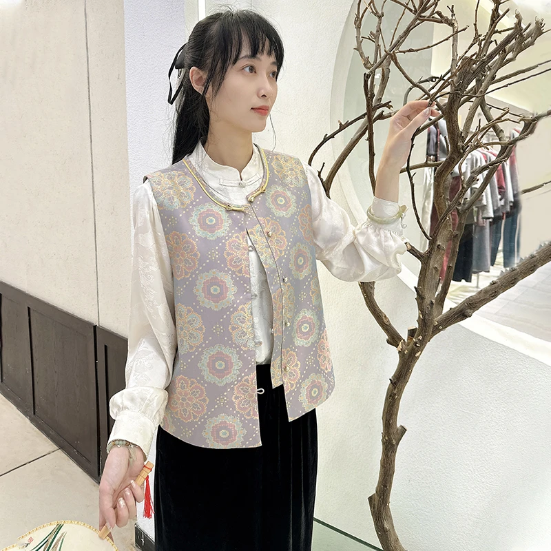 十字纹宝相花国风复古新中式女上衣马甲圆领无袖真丝宋锦