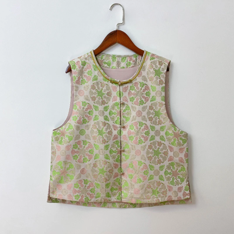 【五湖四海】国风清新复古时尚提花百搭外穿无袖圆领对襟宋锦马甲