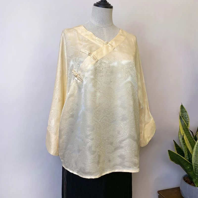 真丝国风新中式毛衫祥云提花时尚百搭桑蚕丝斜襟一字扣春秋款女装