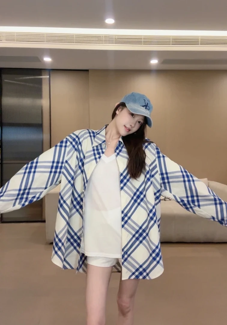 [不规则衬衫]蓝色格子防晒设计感夏季秋季薄款宽松显瘦衬衫长袖