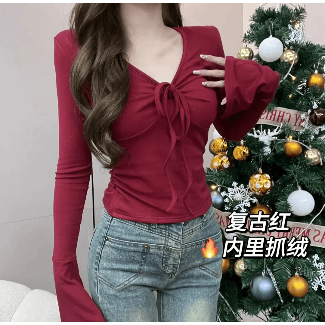 「一件多穿」磨毛T恤胖mmV领系带喇叭袖打底衫女内搭上衣2024秋冬女