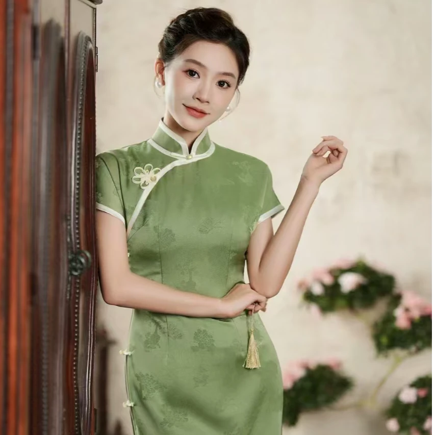 绿色夏季长款改良旗袍日常复古少女优雅双层中国风气质提花民国风