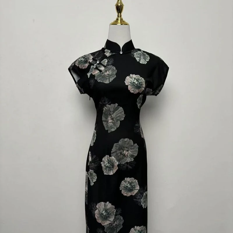 半开襟侧拉链大花微瑕中式旗袍2024新款改良年轻复古气质连衣裙长