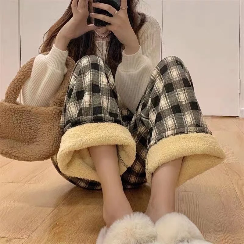 秋冬新款加绒羊羔绒格子裤女阔腿裤保暖高腰直筒韩版学生休闲裤子