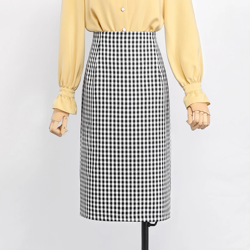 复古格子高腰半身裙女中长款显瘦百搭气质后开叉包臀直筒裙夏款