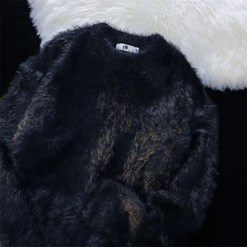 秋冬季纯色保暖内搭针织衫男日系潮牌复古宽松软糯毛茸茸圆领毛衣