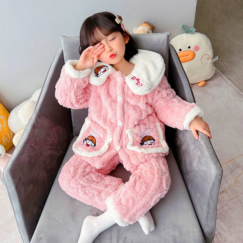儿童睡衣女童冬季加绒加厚款三层夹棉中小童女孩冬款法兰绒家居服