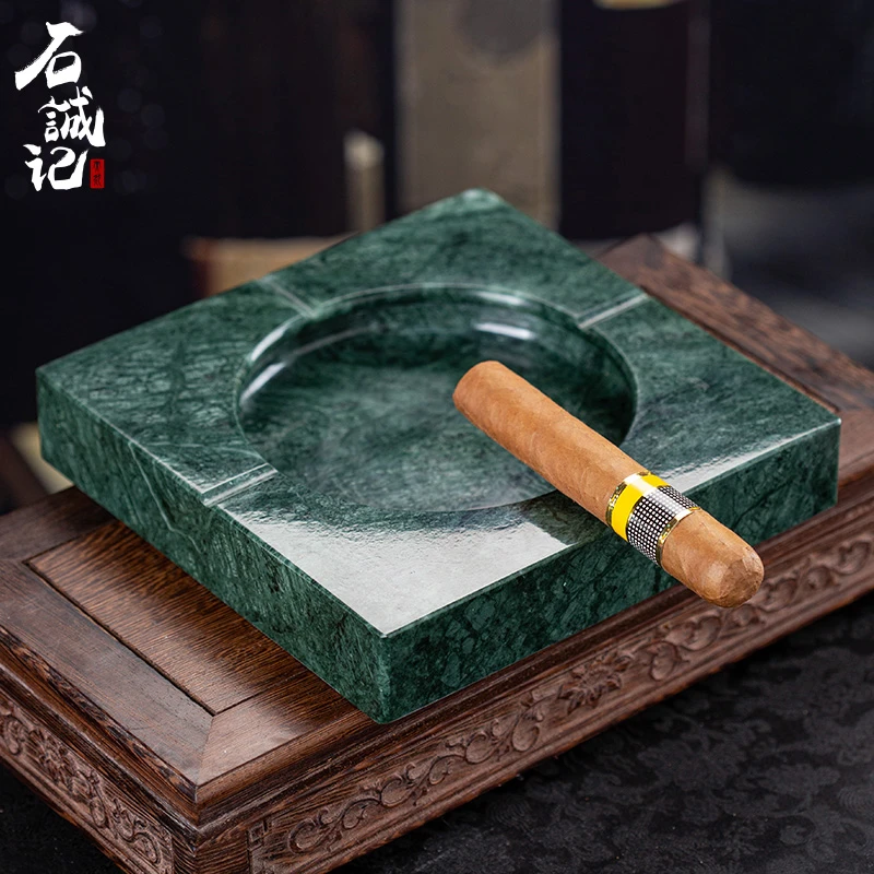 石诚记印度绿烟灰缸石材客厅茶几办公桌大理石高端摆设节日送礼