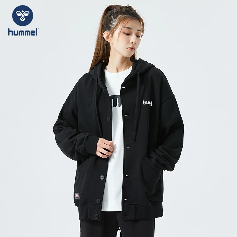 HUMMEL2023春秋休闲百搭运动连帽印花刺绣开衫时尚韩版情侣外套