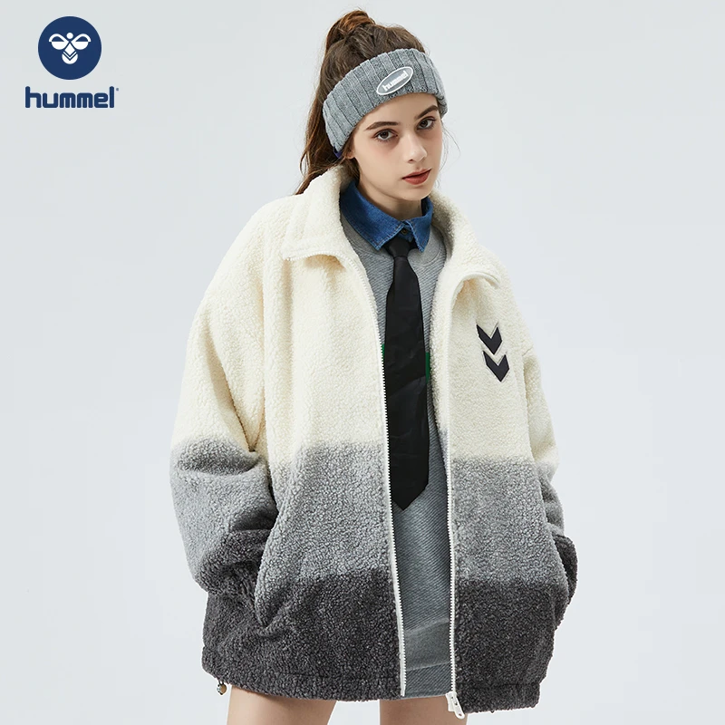 HUMMEL秋冬季新款刺绣时尚渐变保暖摇粒绒羊羔绒百搭情侣外套