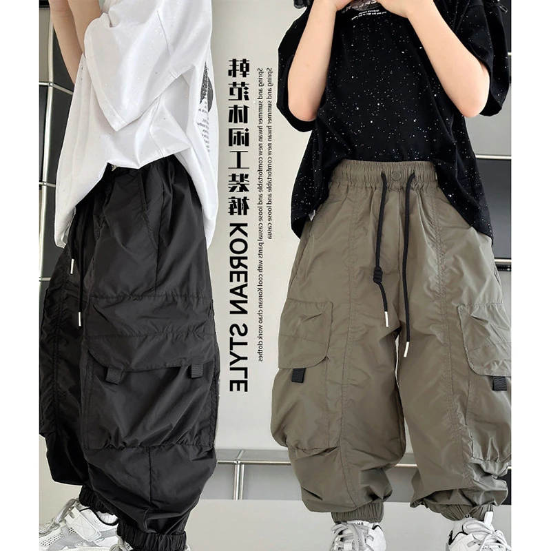 K217男童2024夏季新款儿童工装裤速干黑色长裤中大童时尚潮牌薄款