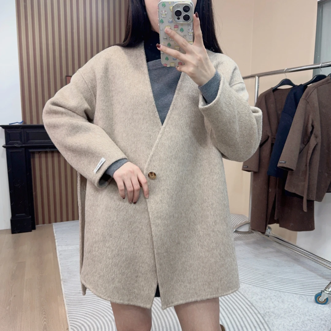 2024秋冬新款韩版飘带双面羊毛大衣外套气质时尚短款