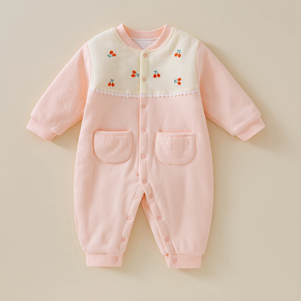 女婴儿衣服秋冬季外出服夹棉连体衣女宝宝哈衣爬服外穿薄棉衣棉服