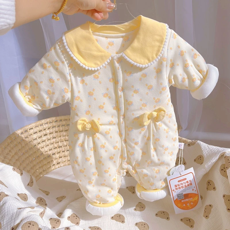 150克秋冬宝宝棉服哈衣碎花婴儿连体衣无骨A类女宝宝棉服洋气
