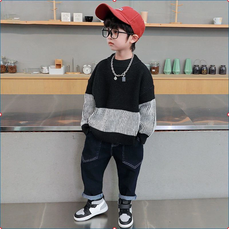 男童一体绒毛衣2025新款秋冬儿童百搭针织衫男孩洋气撞色套头毛衣