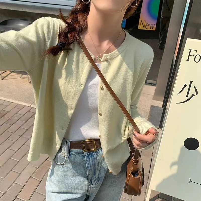 韩版圆领气质圆领针织衫开衫女24年早秋毛衣外套叠穿显瘦百搭上衣