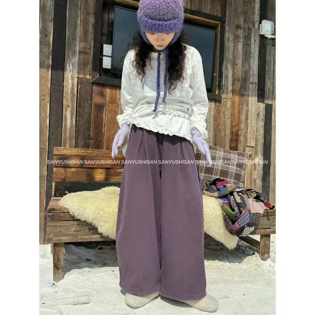 三与十三|暮光|日系纯色阔腿裤宽松休闲百搭加绒松紧腰秋冬长裤