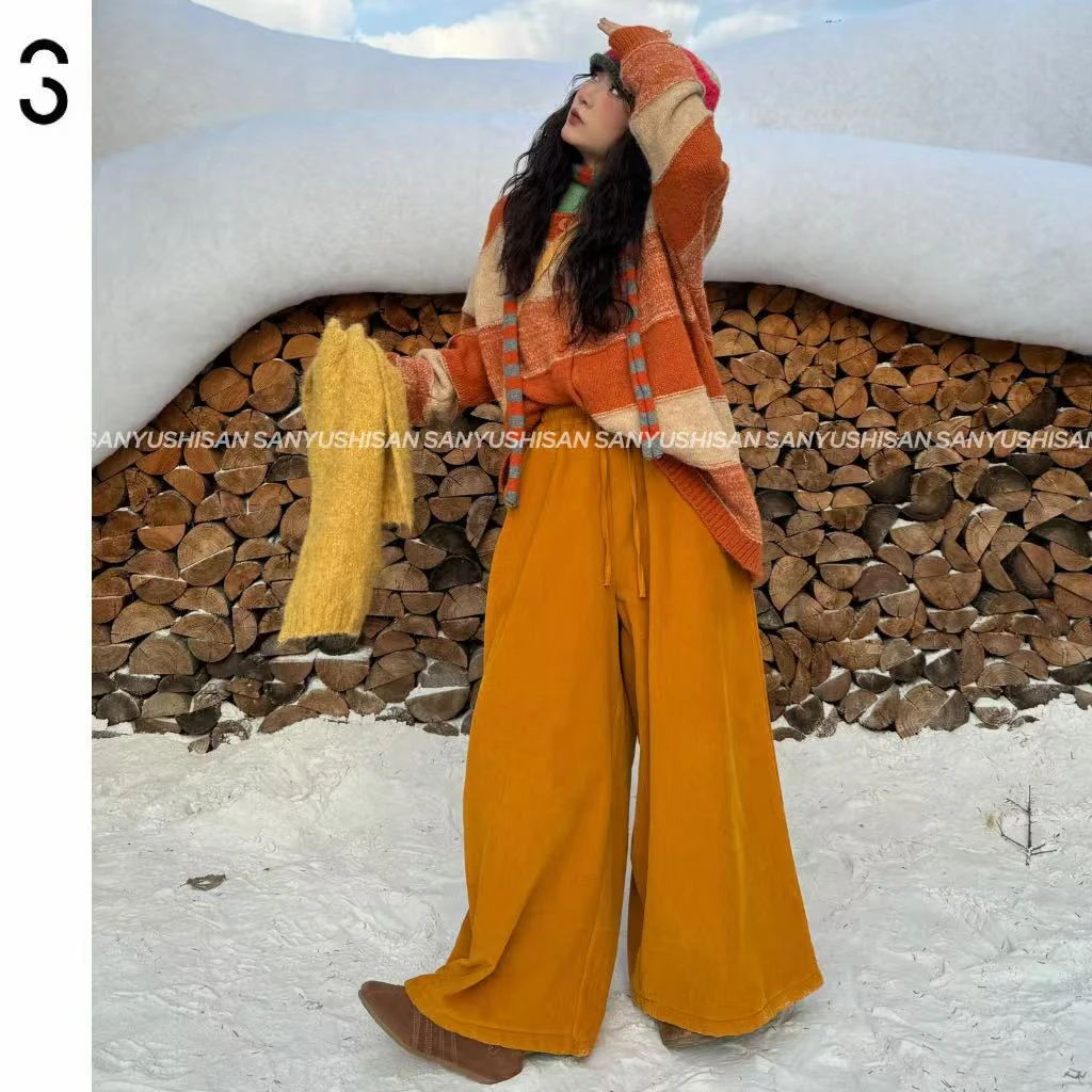 三与十三|心想柿橙|日系灯芯绒阔腿裤纯色休闲百搭复古抽绳休闲裤