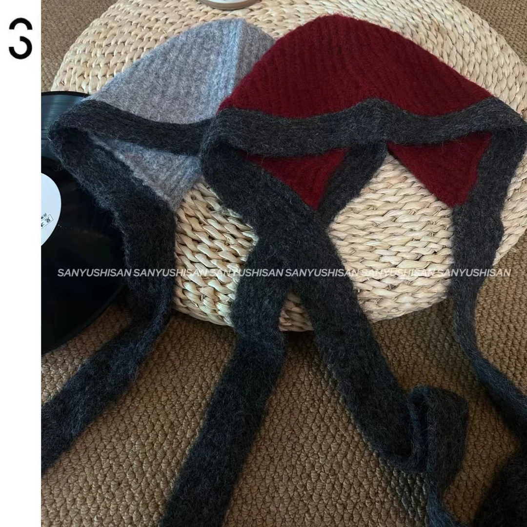 三与十三|叮叮帽|日系拼色帽子秋冬绑带百搭休闲保暖针织套头帽子