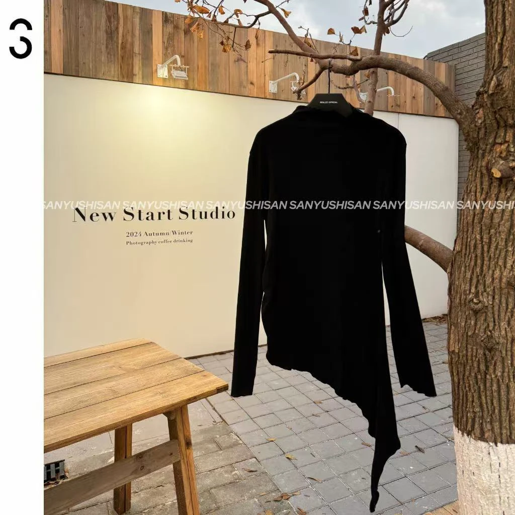 三与十三|追风日记|小众不对称斜边下摆单边开衩高级设计打底t恤