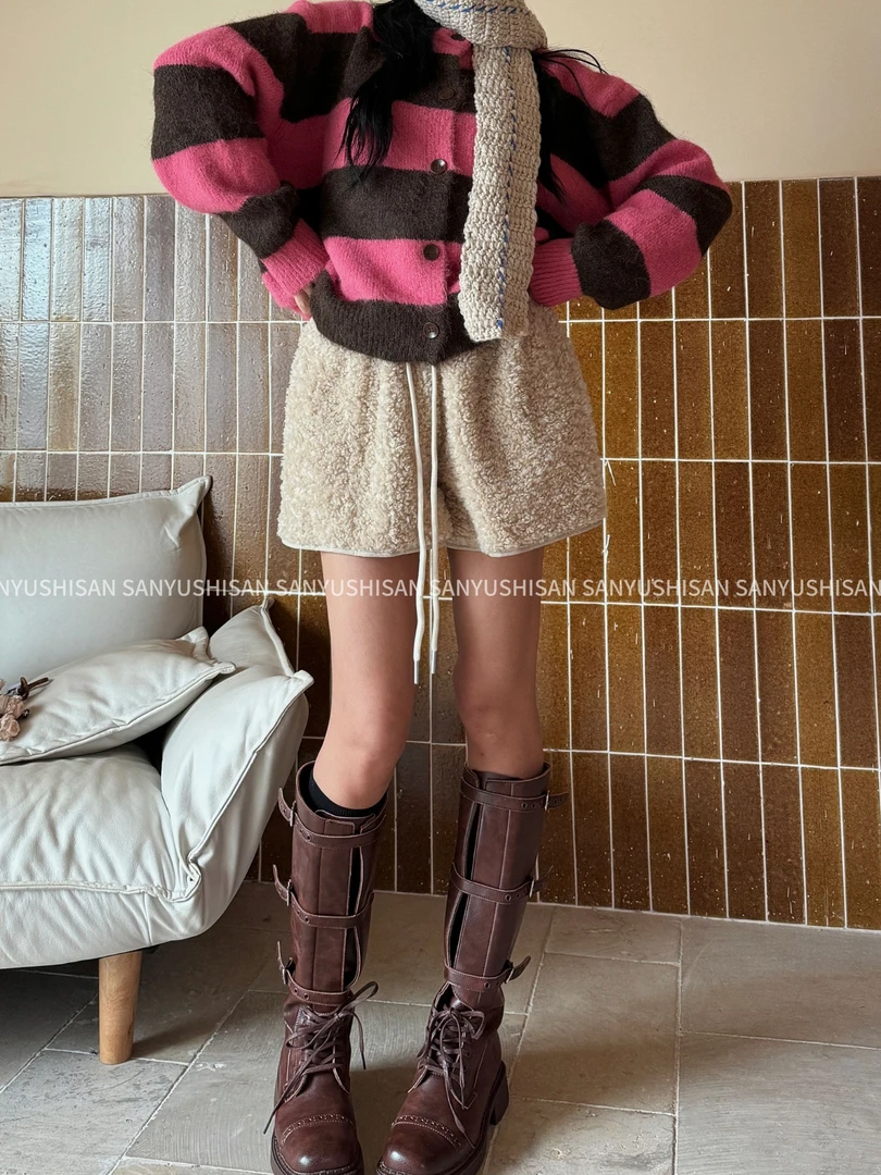 三与十三|自在从绒|简约休闲高腰显瘦百搭阔腿短裤（壹)