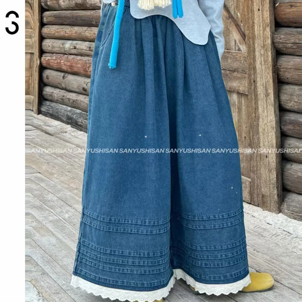 三与十三|时间的海长裤|日系复古花边长裤休闲高腰百搭长裤tian