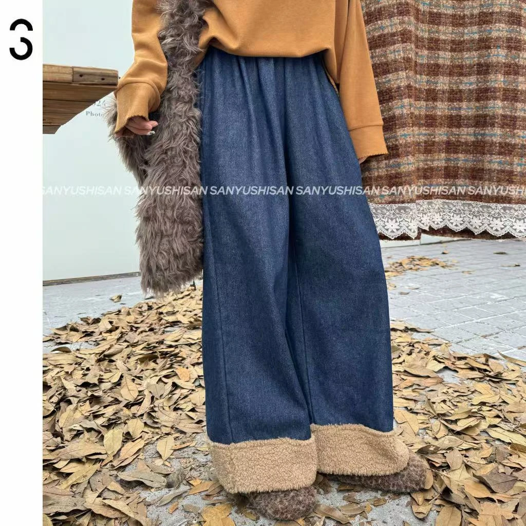 三与十三|暮色沙滩|秋冬松紧腰仿羊羔毛拼接休闲时尚阔腿裤DR