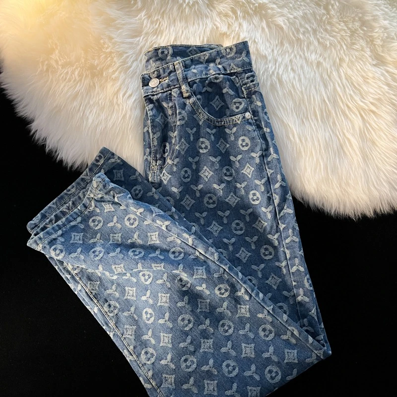 温立潮牌满印牛仔裤男士夏季宽松直筒长裤ins美式复古vibe风炸街