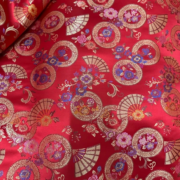 宽150扇子圆牡丹提花宽150织锦缎面料唐装礼服新娘旗袍布料中国风