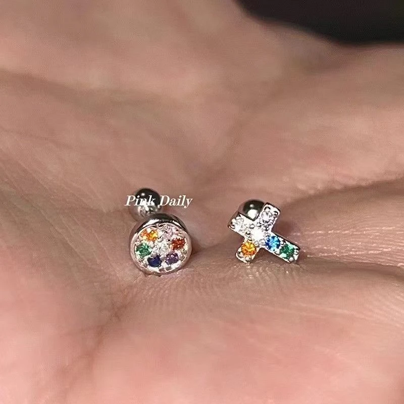合金耳饰 彩色圆形耳钉睡觉免摘十字架小众设计感螺丝拧扣百搭女