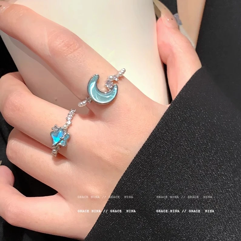 合金戒指 今晚拍月亮了吗！蓝色星月戒指女小众设计感情侣闺蜜指环