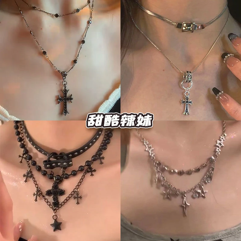 冷艳黑天鹅~玫瑰十字架小众甜酷ins星星项链性感颈链轻奢多层颈饰