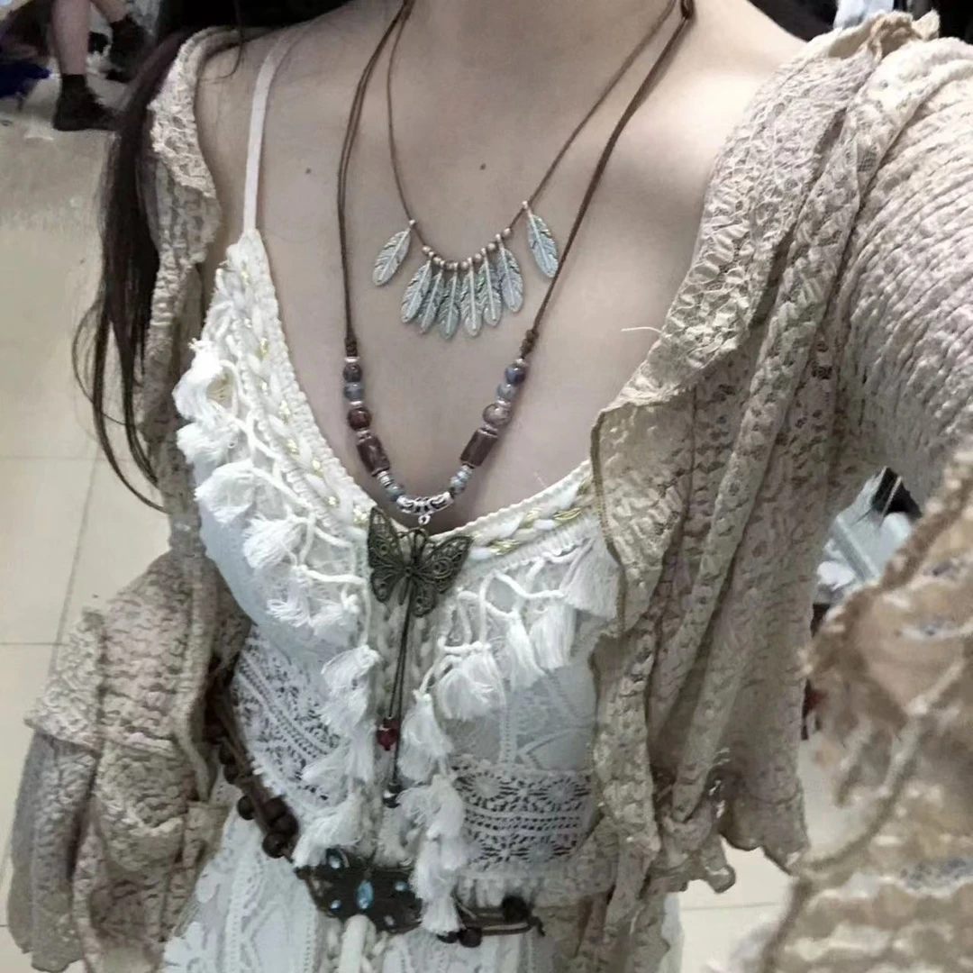 民族中国风手工编织树叶陶瓷锁骨链时尚流行文艺女款百搭项链首饰