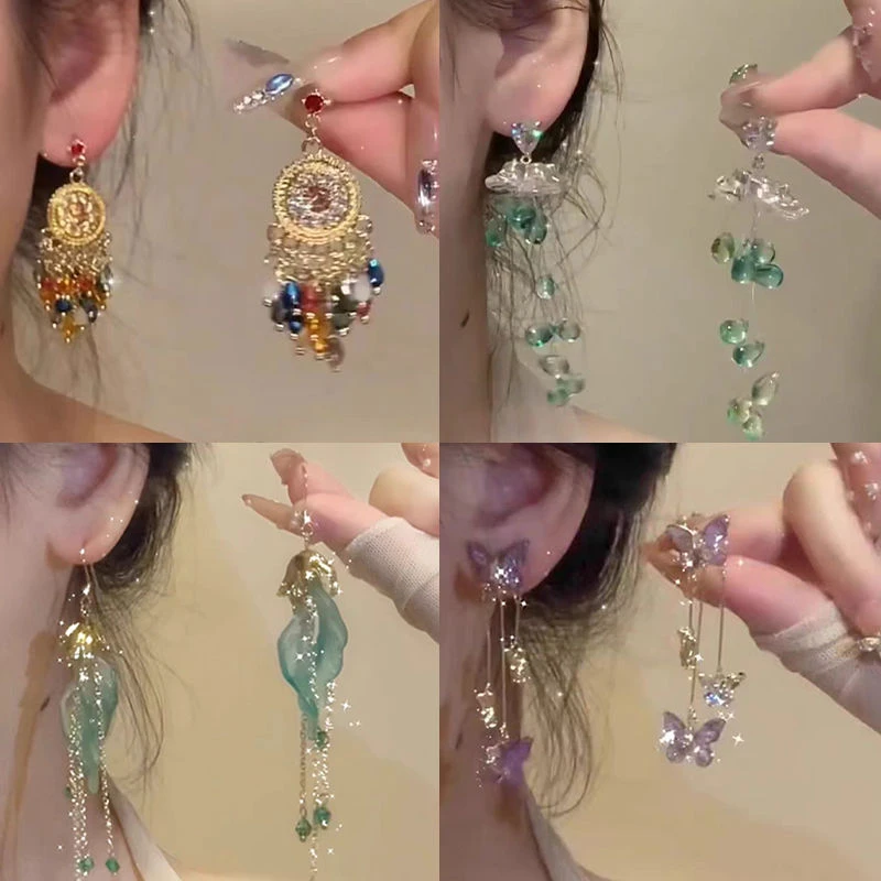 合金耳饰 超仙彩色流苏耳环复古夸张民族风小众设计波西米亚耳坠