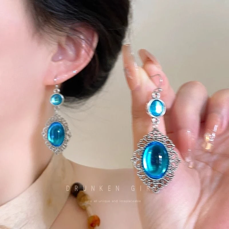 波西米亚蓝色耳环女复古民族风夸张大气耳坠新中式高级感耳钩耳饰