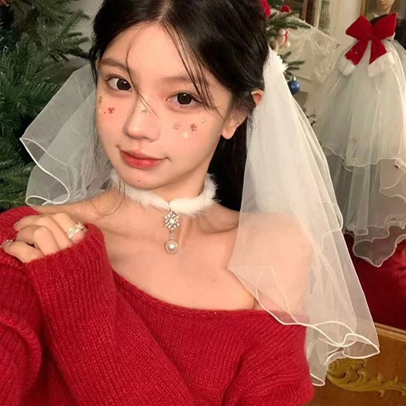 毛绒雪花项链高级感气质choke锁骨颈链圣诞节毛衣链气质配饰百搭