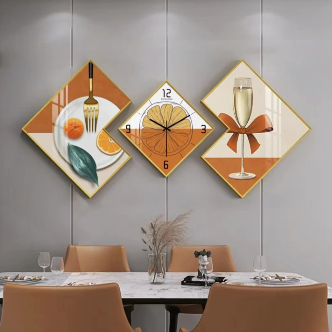 三联画餐厅客厅简约钟表晶瓷手工时尚防水装饰画二