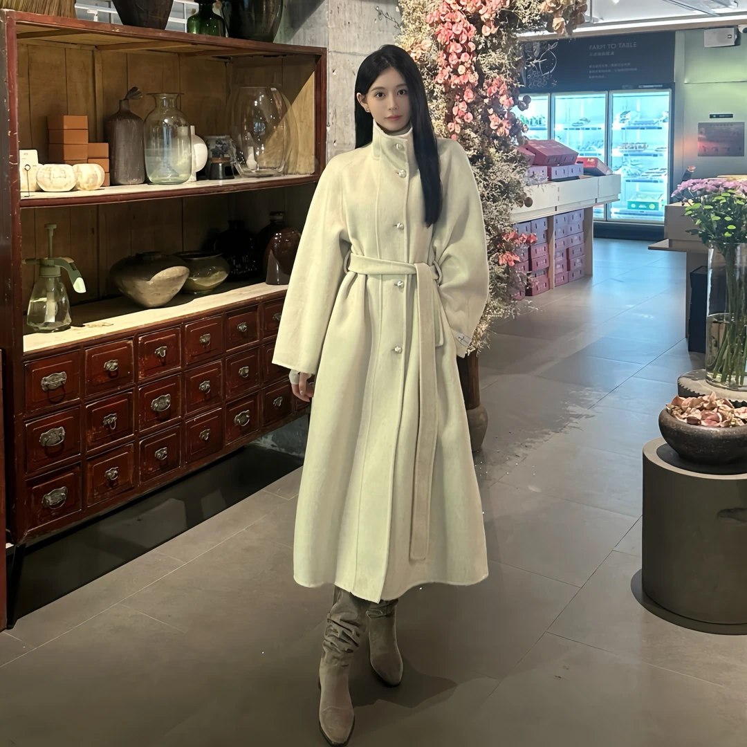 【GL】100羊毛大衣长款毛呢韩版气质时尚女士黑色中长款翻领秋冬