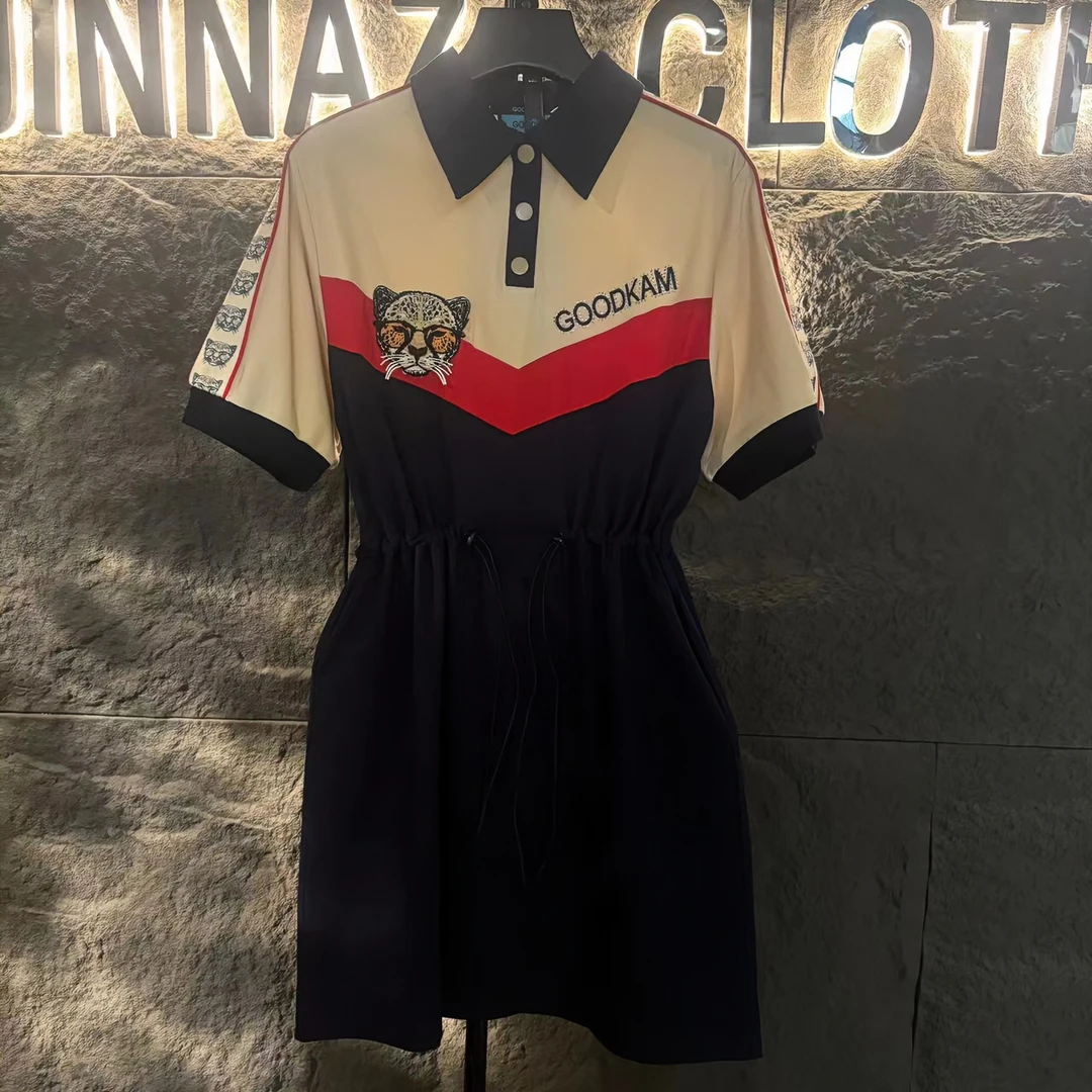 2024夏季女装连衣裙拼接撞色抽绳收腰显瘦百搭针织POLO裙时尚