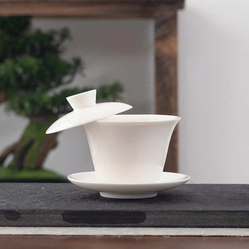 羊脂玉瓷纯白悬停三才盖碗中式高档可旋转家用功夫茶具泡茶碗E789