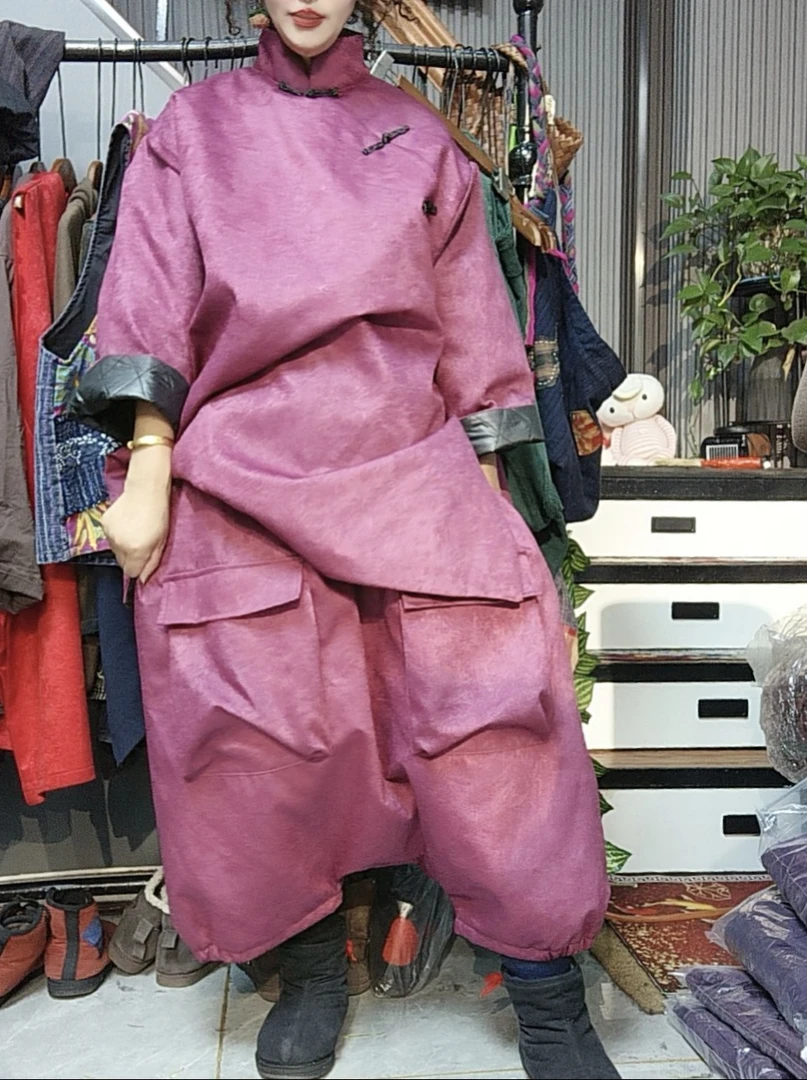 无吊牌紫色压花盘扣大开叉棉服上衣