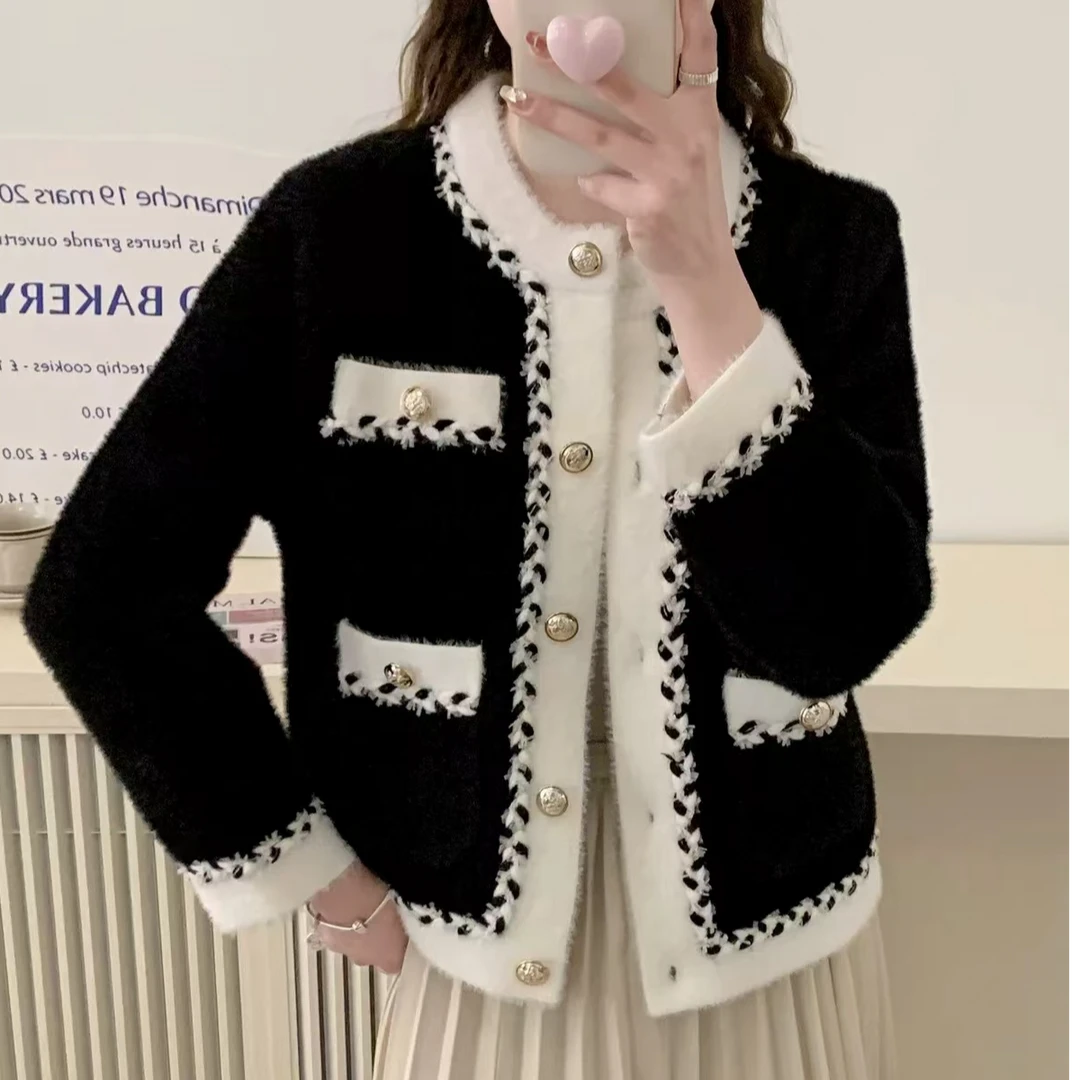 24秋冬新款时尚百搭针织外套单排扣小香风上衣法式