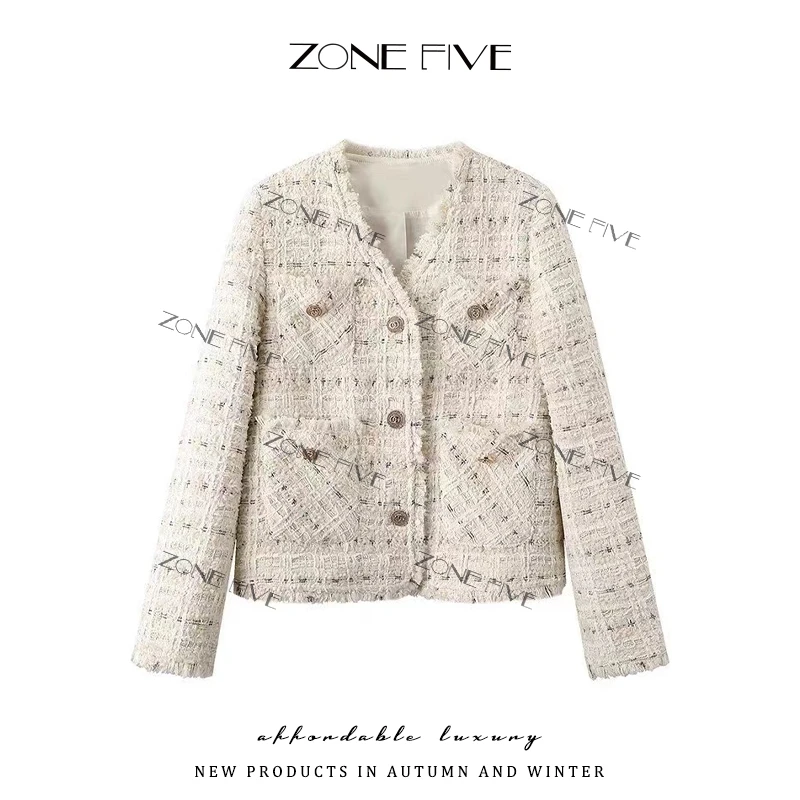 【zonefive】早秋新款法式V领花纱编织小香风外套