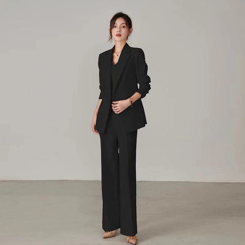 2025春秋黑色显瘦显高西装两件套直筒裤时尚主持讲师通勤西服套装